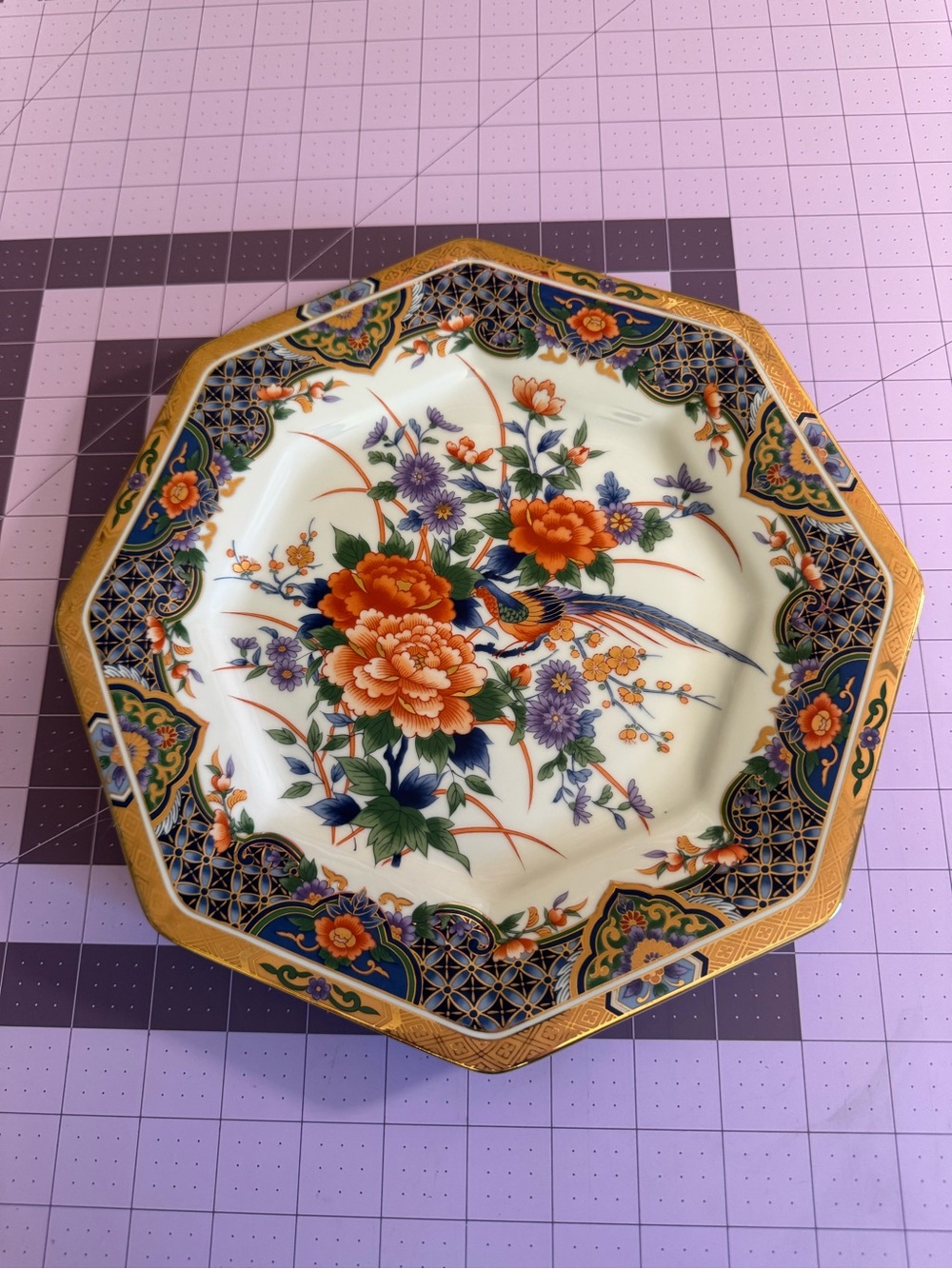 Vintage Japanese Octagonal Floral Decorative Plate in Orange, Blue, Green & Gold
